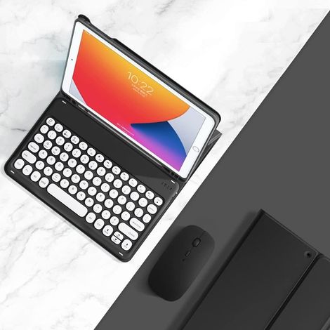 Étui clavier avec souris pour iPad 9 (2021) 10,2 pouces, iPad 8, iPad 7, Air, 3 et Pro 10,5 pouces. Clavier coloré rétro à touches rondes, couleurs acidulées, clavier détachable. Compatible avec iPad (1/5)