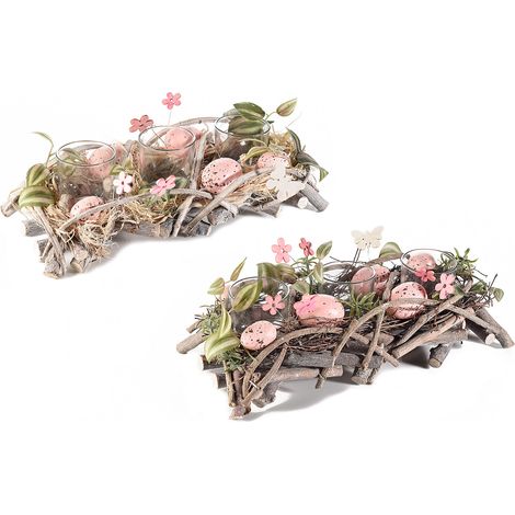 Centrotavola porta candele con 3 vasetti in vetro, decorato con uova artificiali in legno naturale, set da 2 pezzi, cm 30 x 14 x 8,5 H