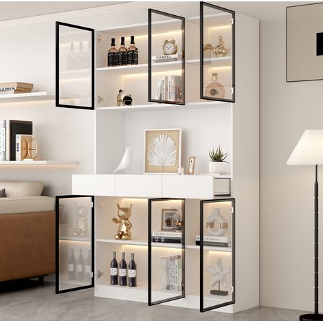 MODFU – Vitrine haute LED 120x200 cm panneaux particules – 6 portes vitrées et 3 tiroirs – Espace bureau et appli – Salon – Blanc/noir (1/5)