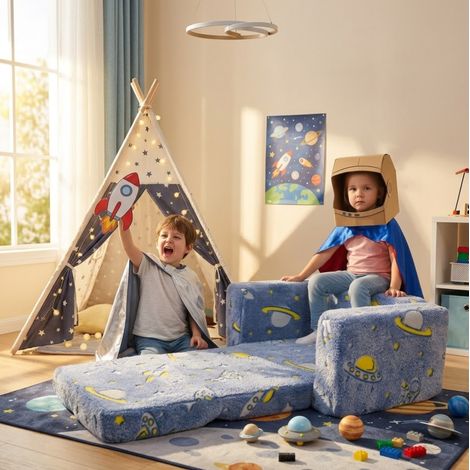 Fauteuil Junior Pliant en Peluche Lumineuse avec Motifs Astronautes et Fusées (1/5)