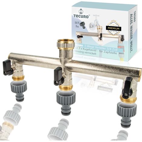 tecuro 3-Wege Verteiler 3/4 Zoll mit 3 x Kugelventil und Steckkupplungen, MS-vernickelt