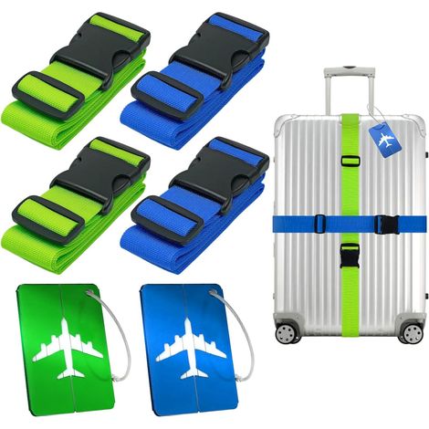 4 Pièces Sangle Valise Voyage, Ceinture Réglable, Sangles à Bagage Bleu et Vert avec Etiquette Valise
