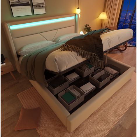 letto contenitore 160x200 LED con testiera bianca PU HAVRYA (1/5)