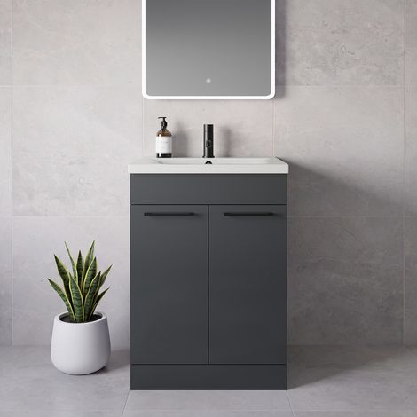 Napoli 460 Gloss Grey 600mm 2 Door Vanity Unit with Glide Basin - 600mm - Matt Black 160mm Handle