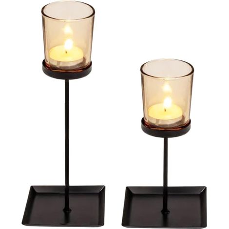 Set da 2 portacandele a colonna, misura 9x9x17/22 cm, struttura in metallo nero con bicchiere in vetro per candela tea-light - 1 set da 2 pezzi (1/5)