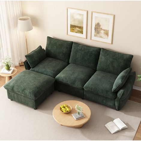 Divano angolare 3 posti con pouf, in ciniglia, 222,5 x 154,5 x 76,5 cm, verde scuro HAVRYA (1/5)