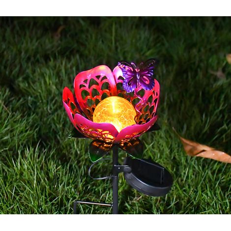 Lampe solaire extérieure de fleur de papillon pourpre, lampe de décoration de fleur en métal de verre fissuré, appropriée au sol de passerelle de pelouse de cour (violet-1 pièce) (1/5)