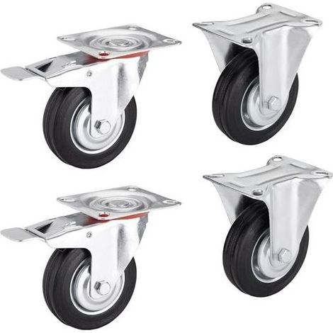 pair Jeu de 4 pièces roues pour lourde charge Ø 75 mm (2x roues fixes, 2x roues pivotantes avec frein) Hauteur 96 mm, Plaque de fixation: 80 x 67 mm Poids supporté jusqu’à 280 Kg Roue fixe (1/5)