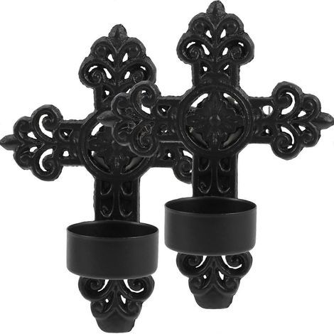 Set aus 2 Wandleuchten aus Metall mit kreuzförmigen Kerzenhaltern zur Wandmontage – Wanddekoration – 14,00 x 10,50 x 5,00 cm – Schwarz (1/4)
