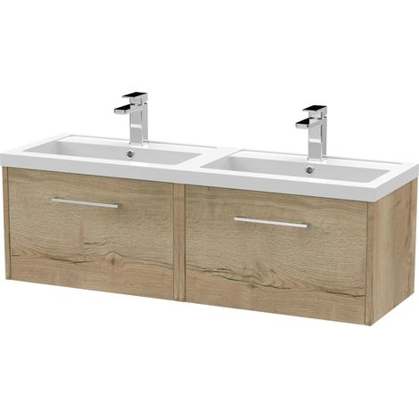 Winshill Contemporary 2 Drawer Wall Hung Vanity Unit with Thin Edge Basin, Light Oak, 1200mm
