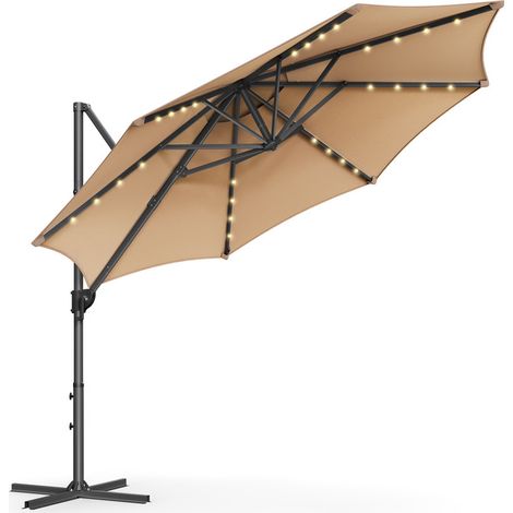 SONGMICS Parasol de Jardin 300 cm, 28 LED Solaires, UPF 50+, Parasol d’Extérieur, Parasol de Terrasse, Pivotant à 360°, Inclinaison Fluide, Manivelle, avec Base en Croix, Marron Chameau