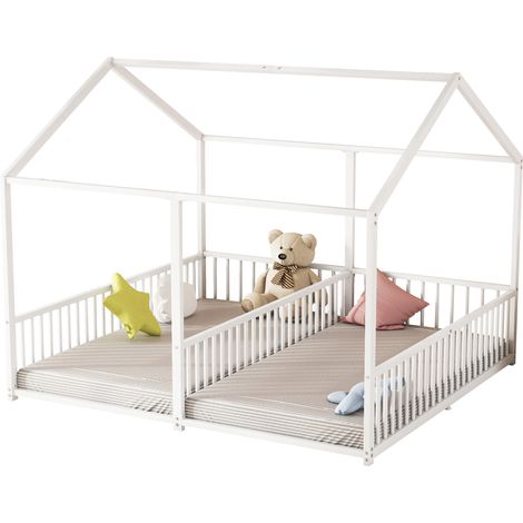 Lit en métal pour enfant 90200cm, sans matelas, avec barrière, échelle, modèle maison, design lit double, cadre en fer, blanc (1/5)