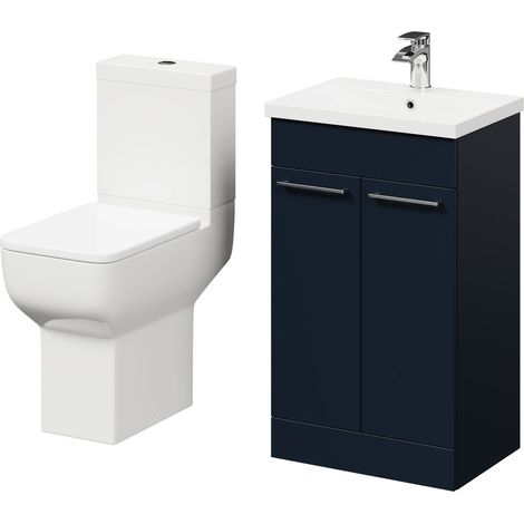 Alessio Deep Blue 500mm Vanity Unit and Toilet Suite including Comfort Height Toilet and Floor Standing Vanity Unit with 2 Doors and Polished Chrome Handles (1/5)