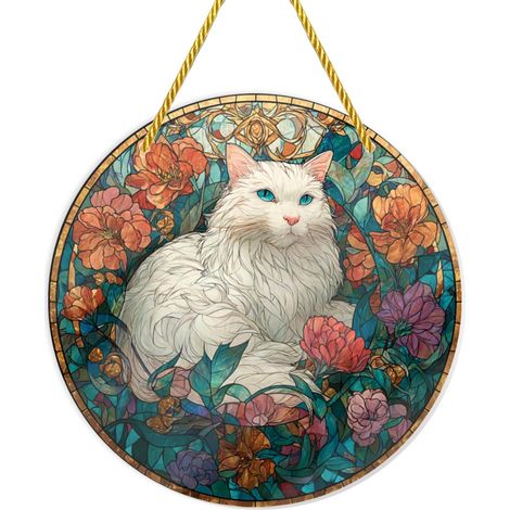 Campamcapazoles muraux, motif chaton blanc duveteux entouré de fleurs (1/5)