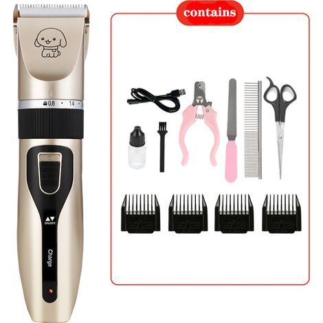 Tondeuse Chien Chat pour Poil Longs/Epais/Courts/Bouclés - Kit Tondeuse de Toilettage Silencieux sans Fil Rechargeable pour Tous Les Animaux, E-Book, Or (1/5)