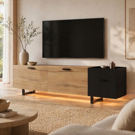 Meuble TV 180 cm avec LED 1 placards et 2 grands tiroirs – Bois et noir – Design moderne pour salon – multiples rangements (1/5)