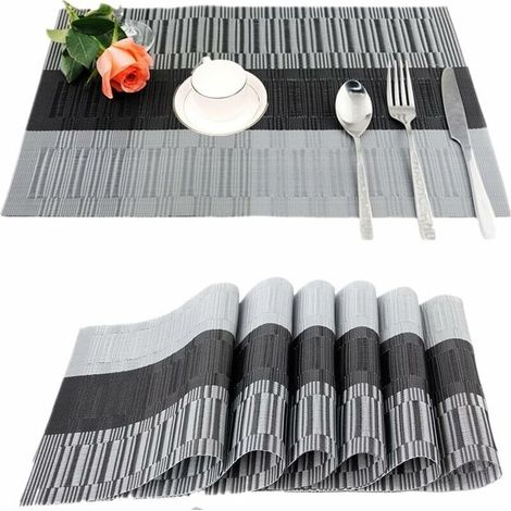 6Pcs PVC Non-Slip Placemats Washable Placemats (45x30cm) Placemats for Kitchen, Living Room, Garden or Dining Room (Black-Grey)