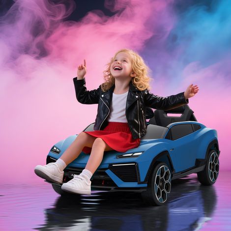 Voiture électrique Lamborghini sous licence pour enfants de 3 ans et plus, batterie 12 V, télécommande 2,4 GHz, double moteur, bleue