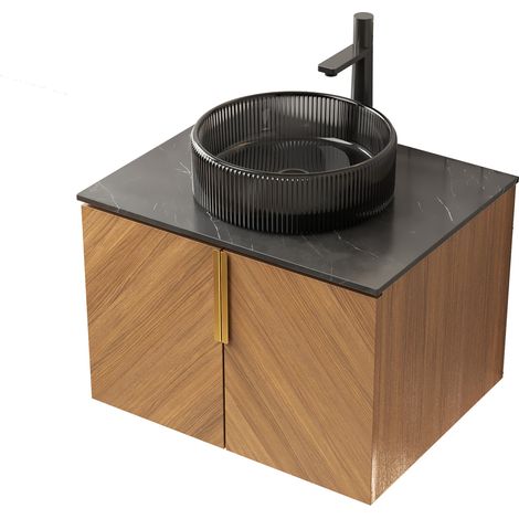 Meuble de salle de bain 61 cm avec vasque ronde en verre noir transparent et plan de travail en pierre synthétique noire, armoire en contreplaqué chêne brun veinage bois (1/5)