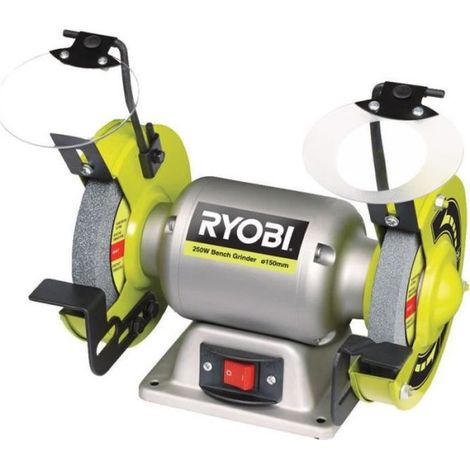 RYOBI - Touret a meuler 250 W + meule a ébavurer, meule de finition, 2 pare-éclats transparents et 2 porte-pieces - RBG6G1