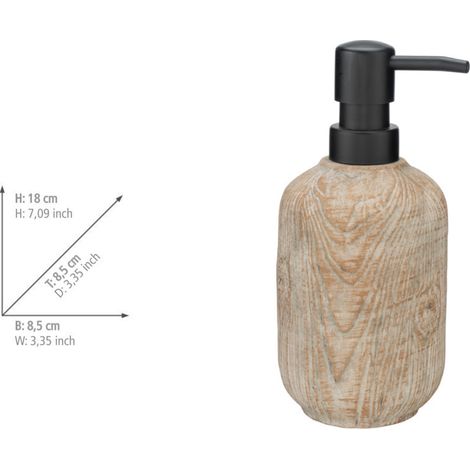 Lot de 3 accessoires salle de bain Florio WENKO, Distributeur 400ml rechargeable, Gobelet à dents et Brosse WC à tête remplaçable, Effet Bois, Céramique, Beige (1/5)