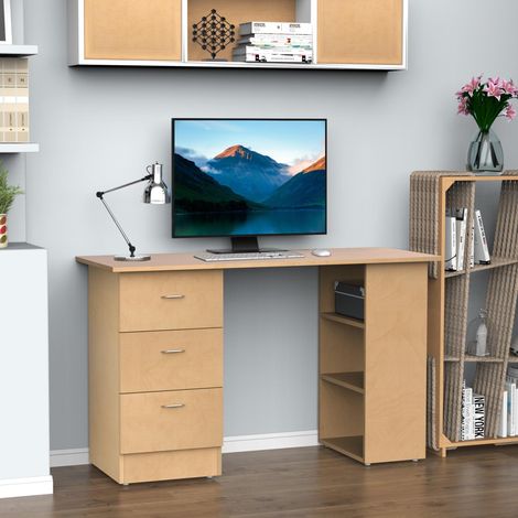 Bureau avec rangement intégré, 120x50 cm avec étagères et tiroirs pour petits espaces et chambre, aspect bois clair, meuble design