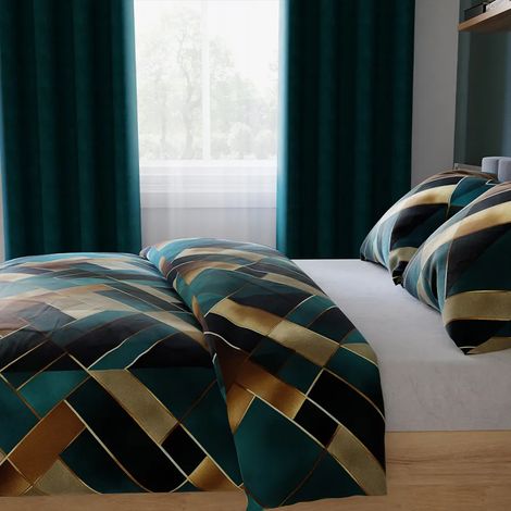 Parure de lit Rubik Satin - Motifs géométriques unis dans les tons turquoise et or - 220 x 200 cm (1/5)