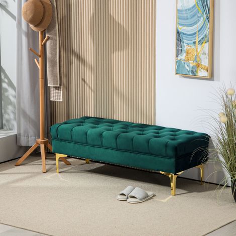 Banco para dormitorio con funda acolchada, banco tapizado en terciopelo con patas metálicas para recibidor, pasillo y sala de estar, 118x45x42 cm, verde oscuro