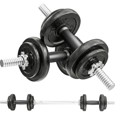 Ensemble d'haltères 2-en-1 20kg poids réglable kit haltères musculation barre d'extension poignée antidérapante noir