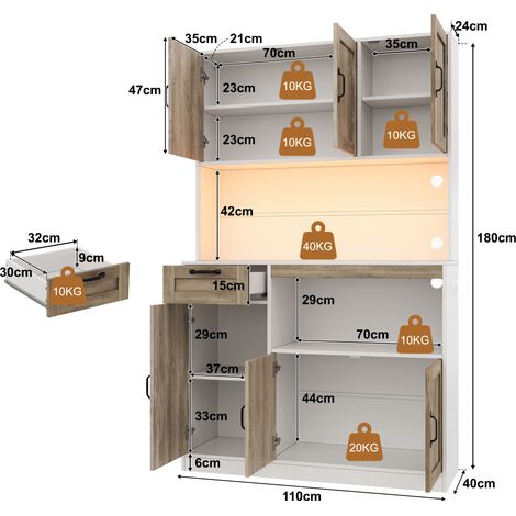 Mueble de cocina, armario alto con iluminación LED y enchufes, despensa con 6 puertas y 1 cajón, vitrina para salón y comedor, 110 × 40 × 180 cm (1/5)