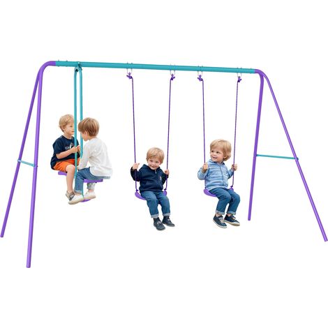 Portique balancoire exterieur 3 en 1 avec 1 balançoire face à face et 2 sièges de balancelle, pour enfants 3+ans, violet (1/5)
