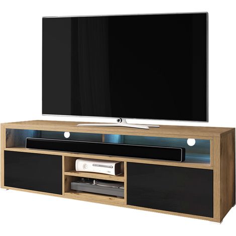 Selsey MARIO - Mobile TV / Tavolino TV Per Salotto / Porta TV con Scomparti / Luci LED (Quercia Dorata / Nero Lucido) (1/4)