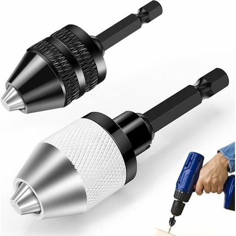2 pièce Mandrin Perceuse, Mandrin Autoserrant Hexagonale 6.35mm (1/4"), Mandrin pour Visseuse Capacité 0.3-6.5mm, Mandrin de Perçage Sans Clé, pour Perceuse Visseuse Électrique Outil de Conversion (1/5)