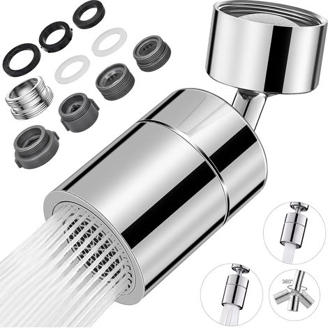 360° Swivel Faucet Aerator for Kitchen Faucet, Water Saving Faucet Aerator with 2 Spray Modes and 20mm, 22mm and 24mm Female/Male Adapters (1/5)