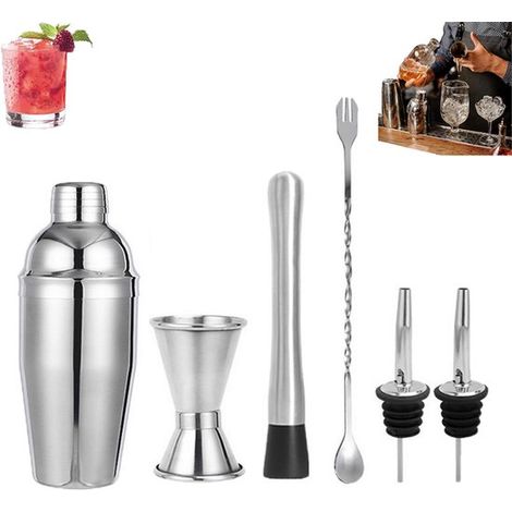 Juego de coctelería de 6 piezas, Juego de coctelería de acero inoxidable de 6 piezas, Plateado, Mezcladores de bebidas de acero inoxidable (1/5)
