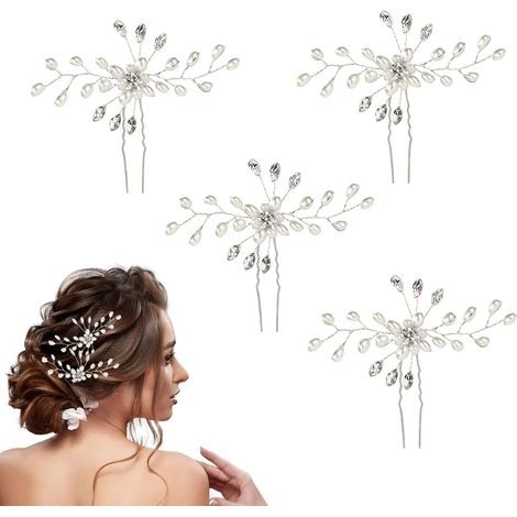 4pcs Wedding Hairpins, Leaf-Shaped Pearl Crystal Hairpins for Bride, Bridal Headband U-Shaped Rhinestone Hair Accessory for Women and Girls (1/5)