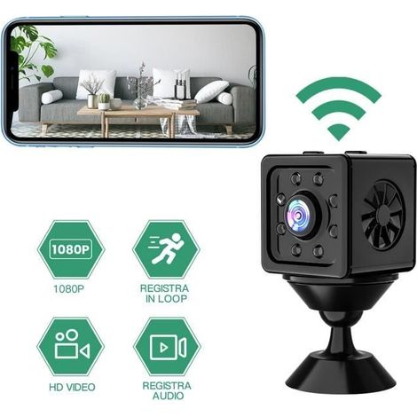Mini-WLAN-Überwachungskamera für den Innenbereich (1080p, Nachtsicht, Bewegungserkennung, Audio, einfache Einrichtung, Schwarz)