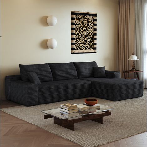 Divano angolare modulare 270x175x83 cm nero, chaise longue L, tessuto a coste, senza montaggio (1/5)