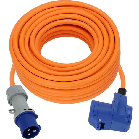 Rallonge de Camping avec fiche CEE et couplage coudé avec multiprise avec indicateur de Tension LED (25 m, 230 V/16 A, pour Une Utilisation en extérieur, fabriqué en Allemagne)