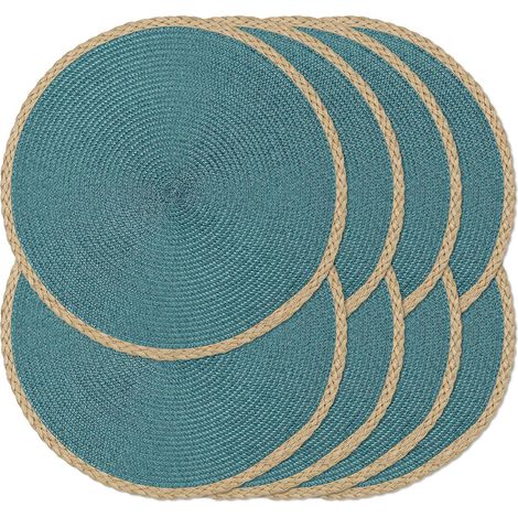Lot de 8 sets de table ronds tressés de 38,1 cm, antidérapants, lavables à bords fins pour décoration de table de cuisine, salle à manger (bleu, 8)'Bord Fin Marron, Bleu 8 pcs'Bord Fin Marron, Bleu'8