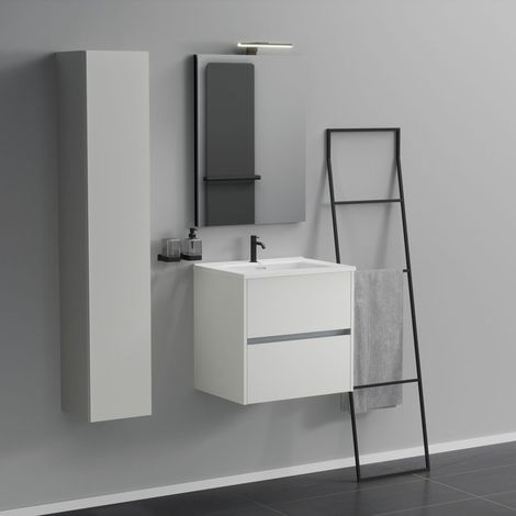 Inda - Badezimmerschrank 2 Schubladen L.60 mit Waschbecken, Spiegel und Lampe - Mattweiß