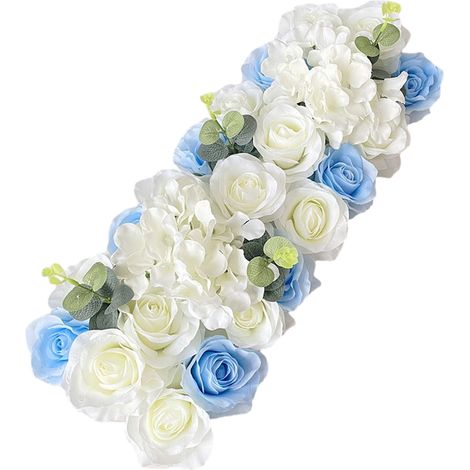 Arche de mariage artificielle de 50 cm (20 pouces) avec roses et hortensias en soie, composition florale pour centre de table, décoration de cérémonie de mariage, blanc et bleu (1/2)