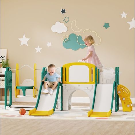 Parque de juegos infantil 9 en 1 con 2 toboganes y columpio, amarillo DESVIAE (1/4)