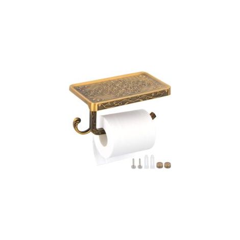 Soporte de papel higiénico de pared con estante y portarrollos en aluminio dorado estilo retro vintage, 18,3108cm-Crezuo