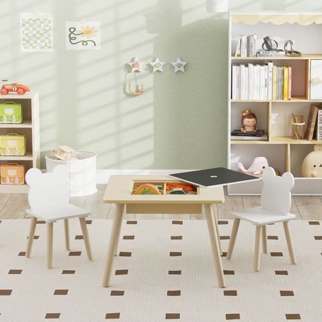Ensemble 1 table et 2 chaise 3 pièces pour enfants avec plateau réversible espace de rangement bois naturel (1/5)