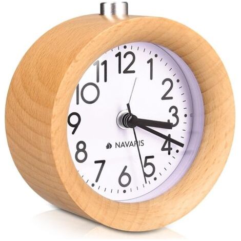 Horloge réveil en Bois - Réveil analogique Classique Rond en Bois Naturel - Horloge à Aiguilles avec Fonction Alarme Snooze et lumière (1/5)