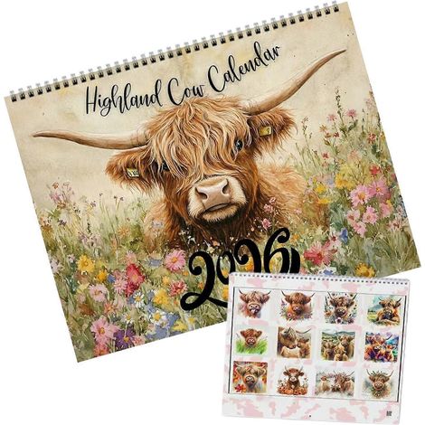 Calendario 2026 Divertido Calendario de pared con vaca de las Tierras Altas Papel grueso Planificador mensual de 12 meses Decoración estilo granja para estudiantes y profesores (1/5)