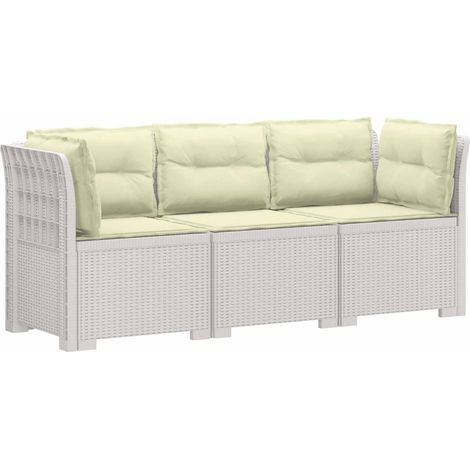 Canapé de Jardin Modulaire 3 Places en PP Aspect Rotin Blanc avec Coussins Crème, 34.6kg - PANGIVO (1/5)