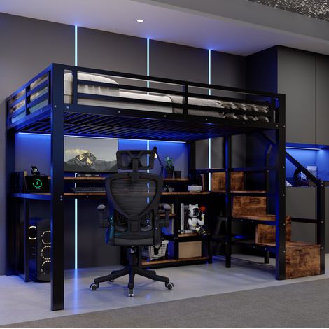 Lit mezzanine 140x200 cm métal noir avec rangements, pour petits espaces, sans matelas – MEUBLIV (1/5)