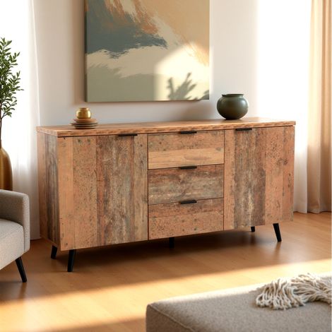 URBAN MEUBLE Vitrine de rangement effet bois vieilli avec 2 portes 3 tiroirs et étagères réglables 140x35x70 cm (1/5)